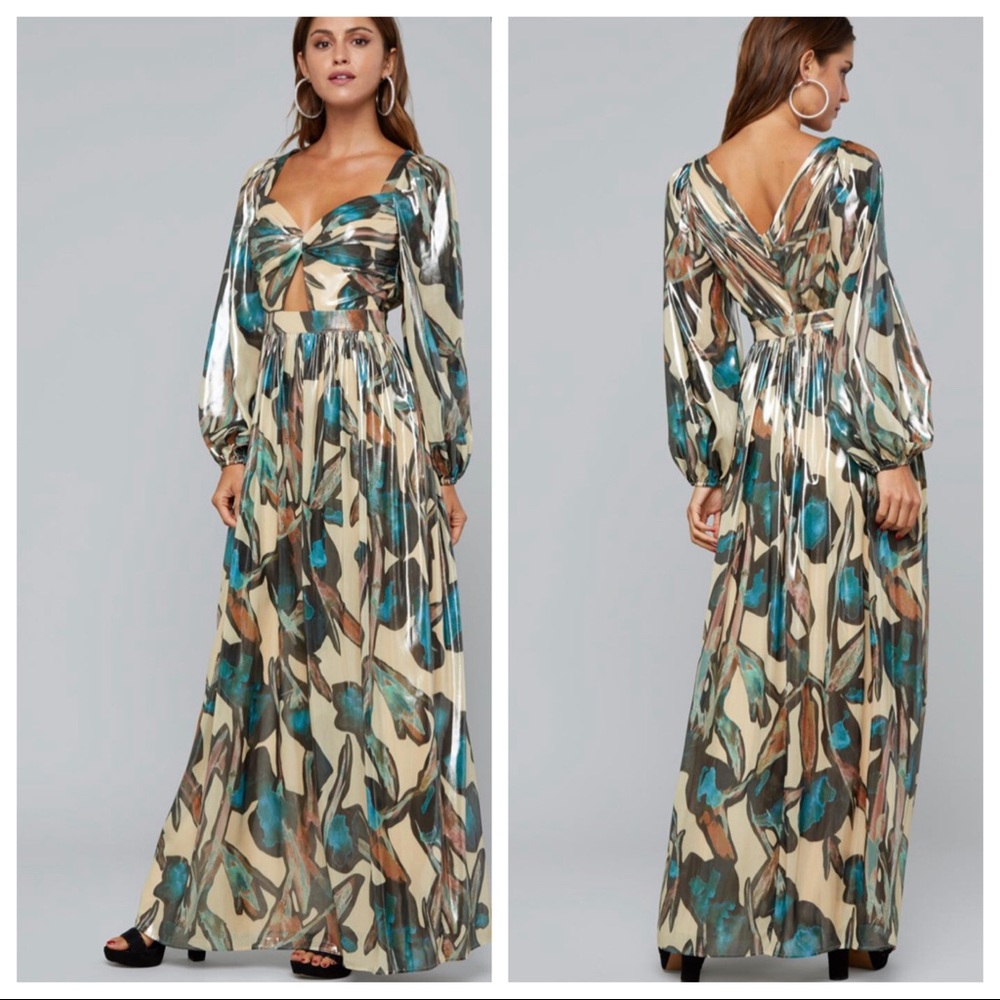 BEBE Twist Front Metallic Sleeveless Cut Out Gown - Picture 2 of 8